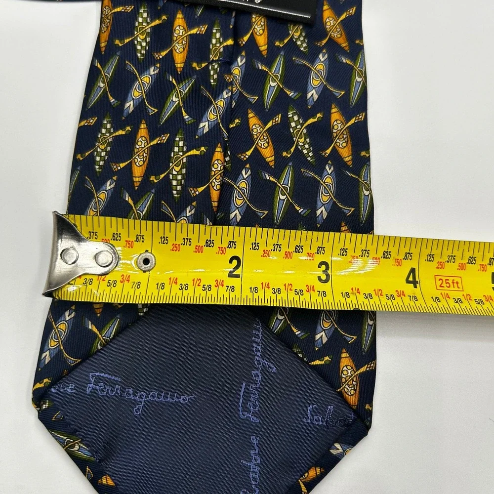 Salvatore Ferragamo Mens Silk Tie Navy Blue Kayak Canoe Oar Novelty Italy